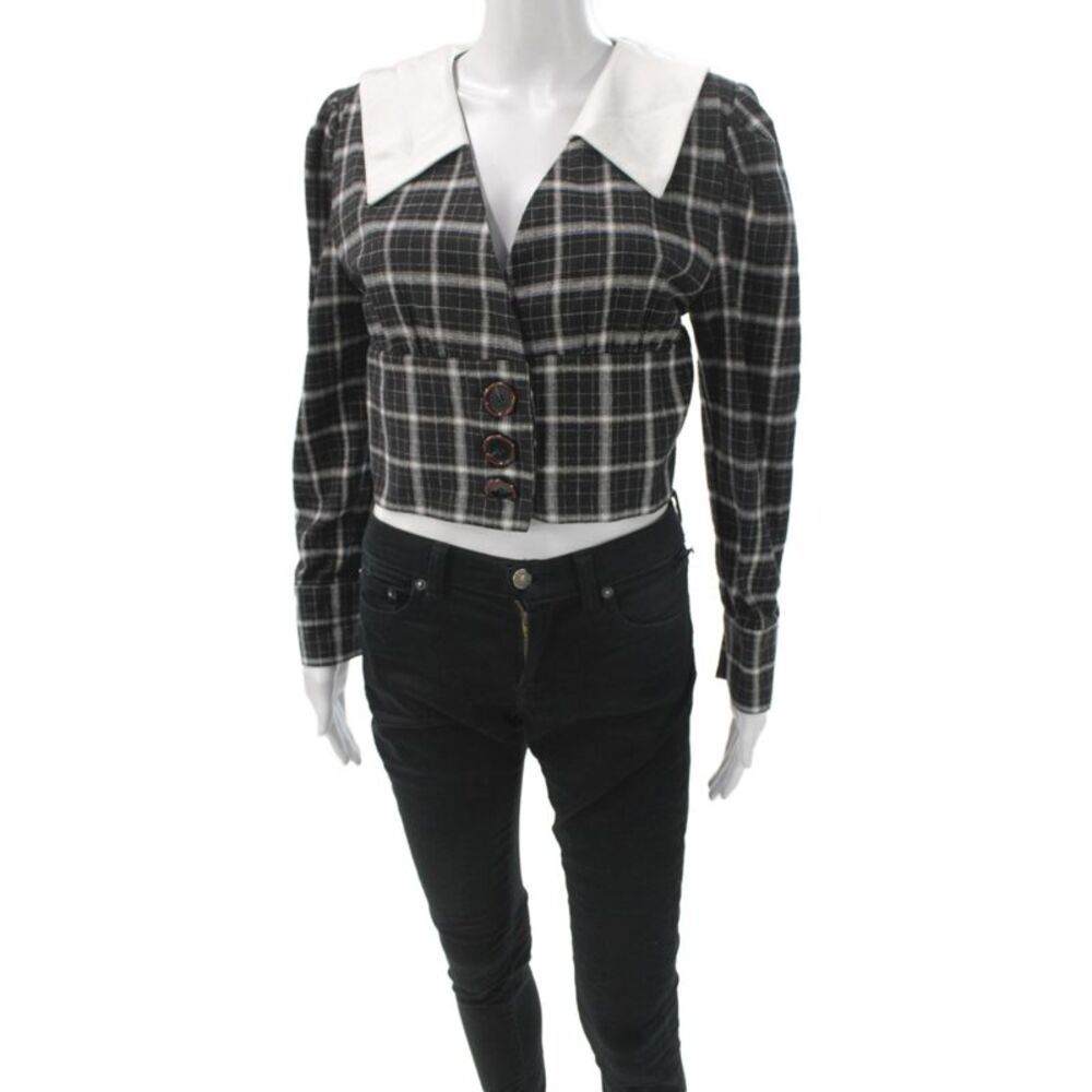 New Revival Womens Basic Plaid Jacket Black Button V Neck Long Sleeve Size M